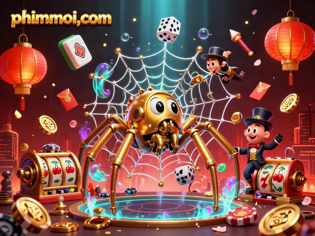 Experience the excitement of phimmoi,com with a dynamic 3D illustration of a steampunk spider capturing luck.