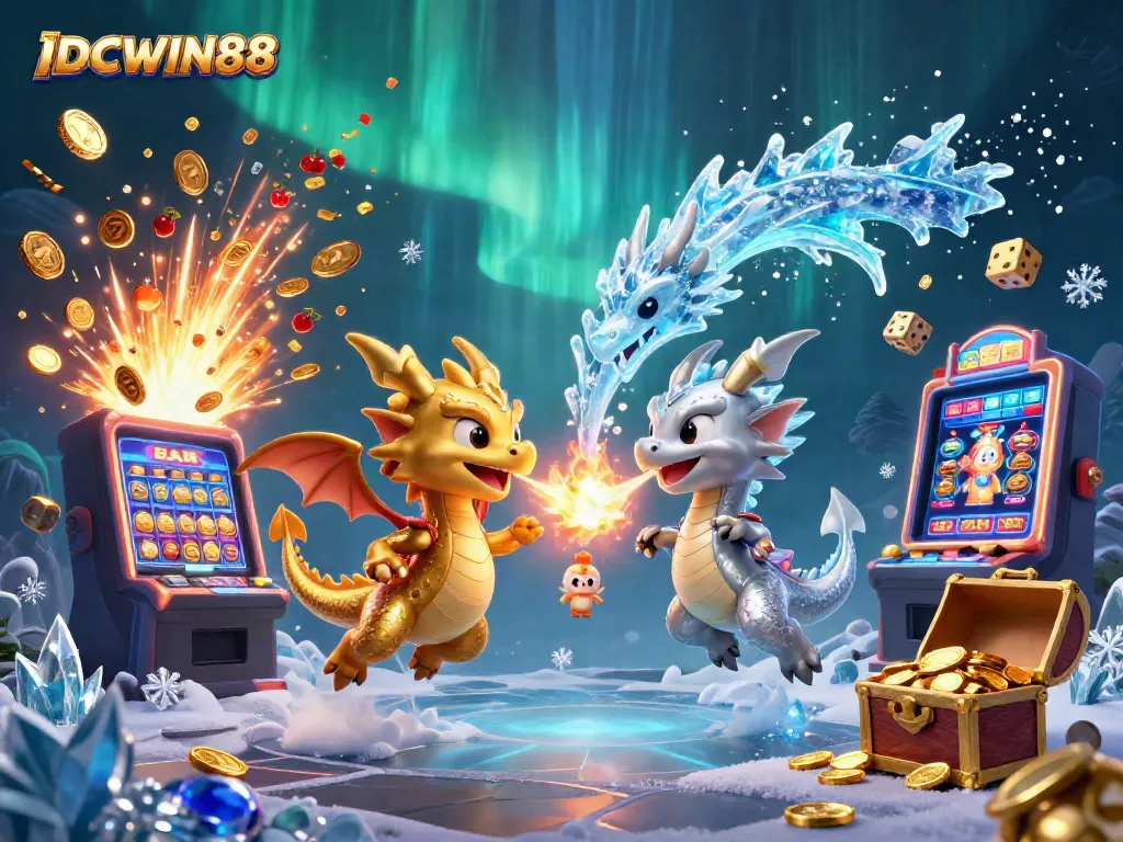 Experience the thrilling ecosystem of IDCWIN88 with dynamic dragons and vibrant casino elements.