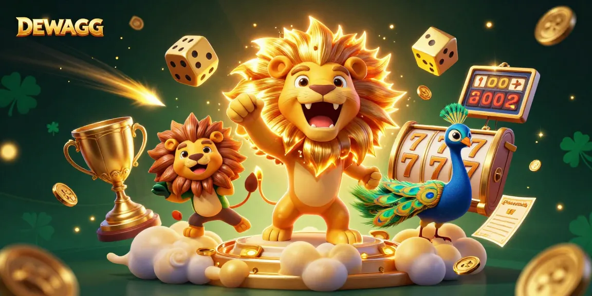 Bet on DEWAGG's thrilling slots with the roaring lion illustration in a vibrant casino scene