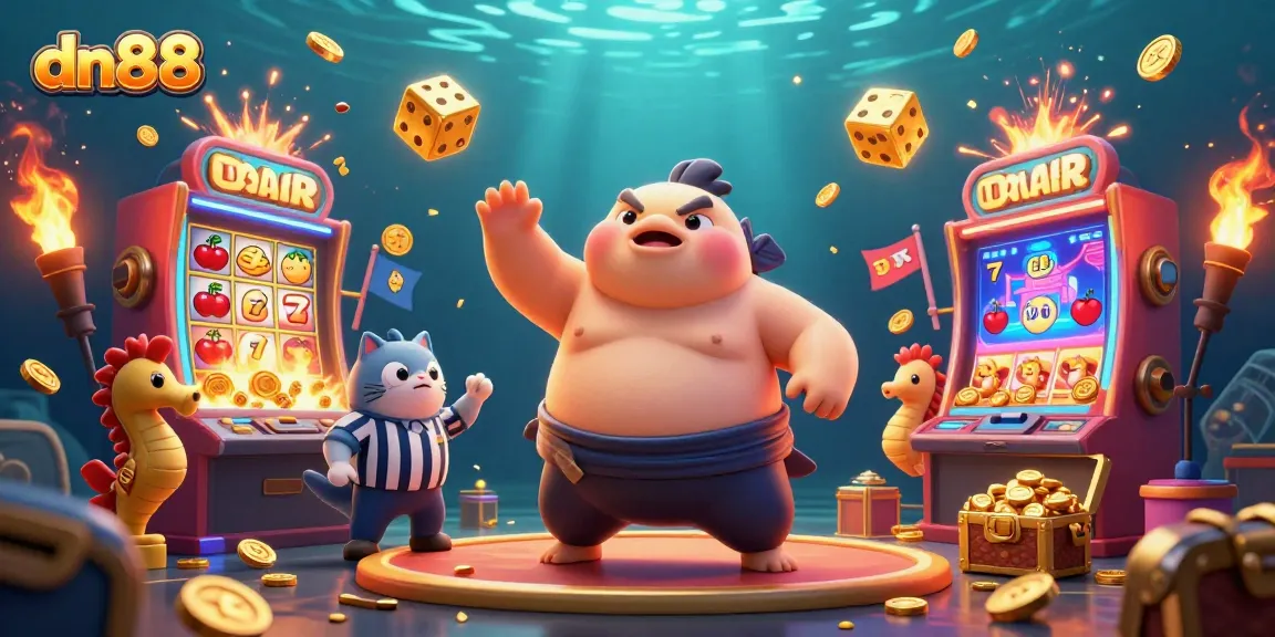 Engage in exciting gameplay at dn88, where a cartoon fugu competes in an underwater casino amidst golden treasures.