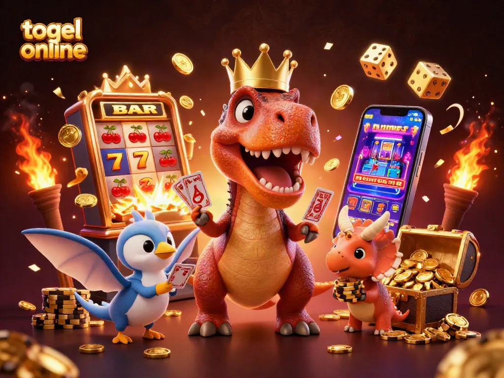 Menggali keseruan togel online dengan karakter 3D kartu dan chip emas dalam suasana kasino yang meriah.