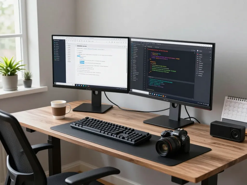 Developer enhancing productivity with Clawdbot Mac in a modern home office setup, featuring dual monitors and a sleek desk, perfect for tech enthusiasts.