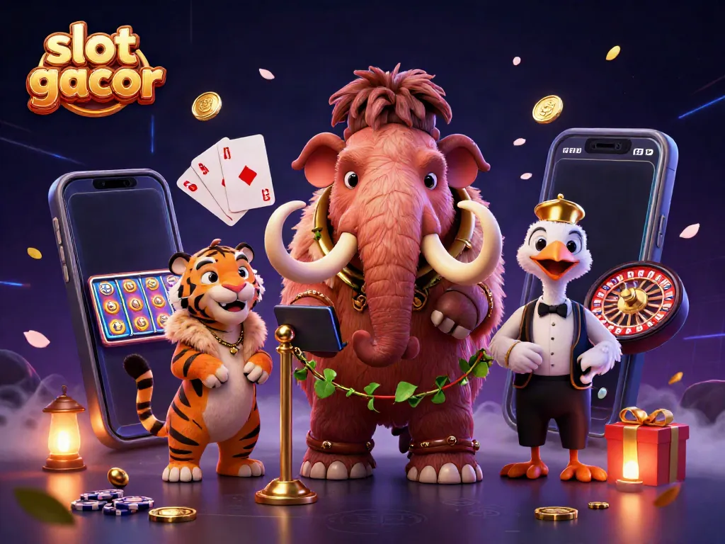 Engage with slot gacor in a vibrant casino scene featuring a woolly mammoth bouncer and a VIP saber-tooth tiger.