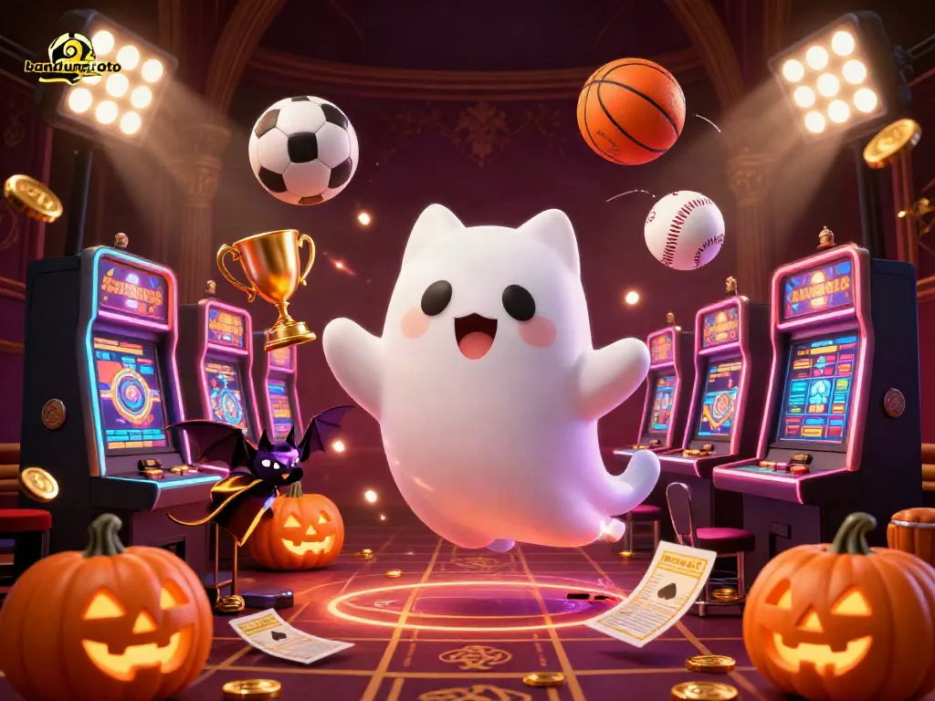 Experience thrilling action in bandungtoto with a ghost cat and sports elements in a vibrant casino scene.