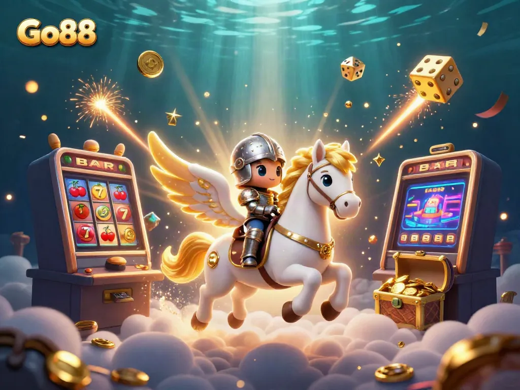 Experience thrilling wins with Go88's colorful slot machines and celestial creatures in a vibrant casino scene.