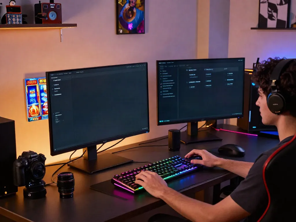 Player enjoying slot 4d games in a vibrant gaming room with multiple screens.