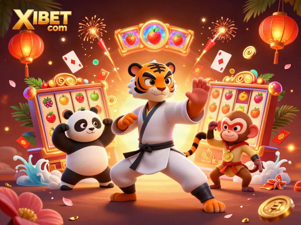 XIBET com celebrates vibrant gaming with a playful kung fu tiger, a panda, and a monkey amidst dynamic casino symbols.