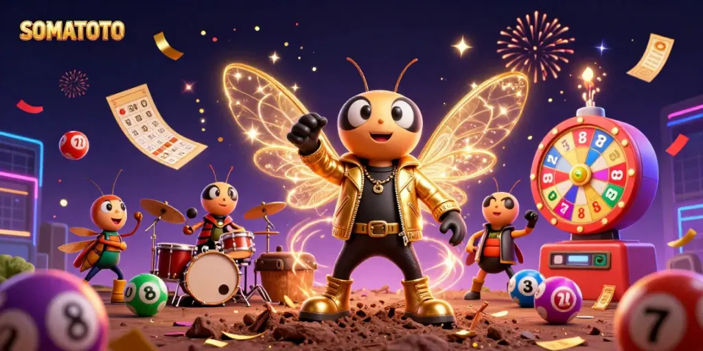 Experience the excitement of SOMATOTO, featuring a vibrant 3D scene of cartoon characters and dynamic casino elements.