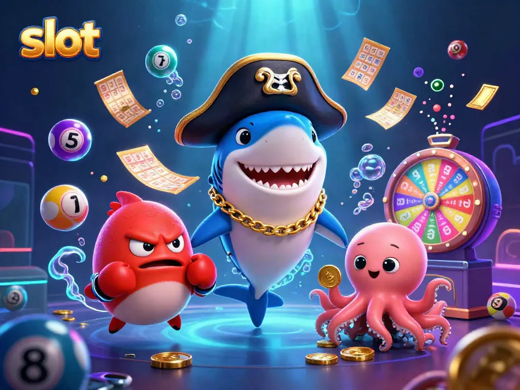 Spin slot reels with a colorful cast of characters celebrating big wins at an underwater casino.