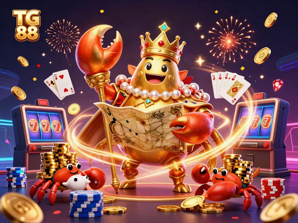 Engage in thrilling games with TG 88's royal crab emperor amidst shimmering treasures.