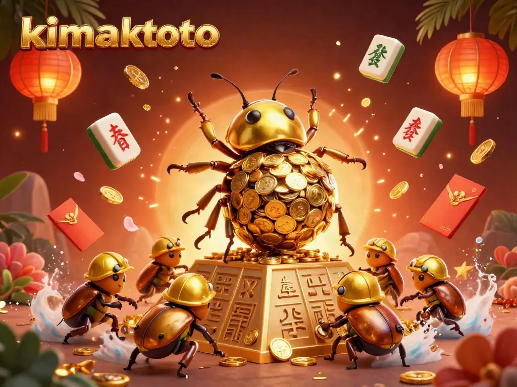 Experience the excitement of kimaktoto with a golden beetle rolling coins in a vibrant casino scene.
