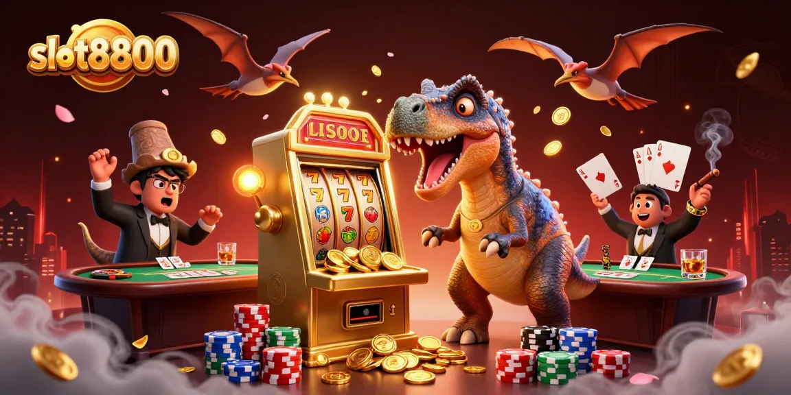 slot8800 meraih jackpot dengan mesin slot emas yang dipukul oleh dinosaurus, mengumpulkan koin emas yang beterbangan