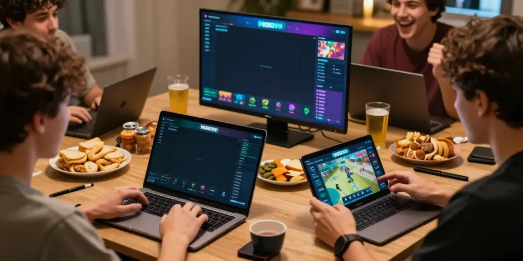 Pengguna bermain di HOKI99 dengan antusias, menampilkan antarmuka permainan di laptop dan smartphone, suasana hangat dan bersahabat.