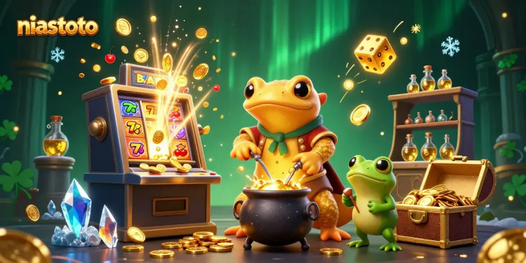 NIASTOTO alchemist transforming metals into gold while surrounded by energetic casino elements.