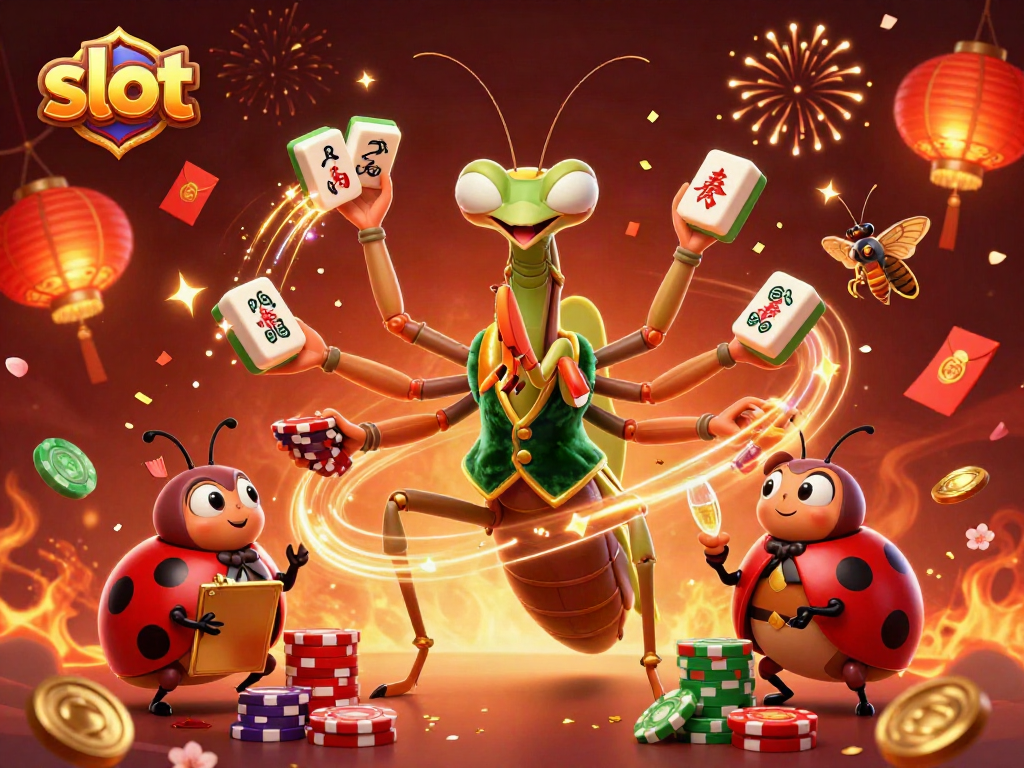 Engage with exciting slot action featuring a dynamic praying mantis and ladybug in a vibrant casino.