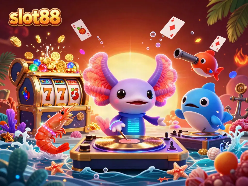 Spin to win with slot88 in a vibrant underwater casino scene filled with gold coins and colorful gems.