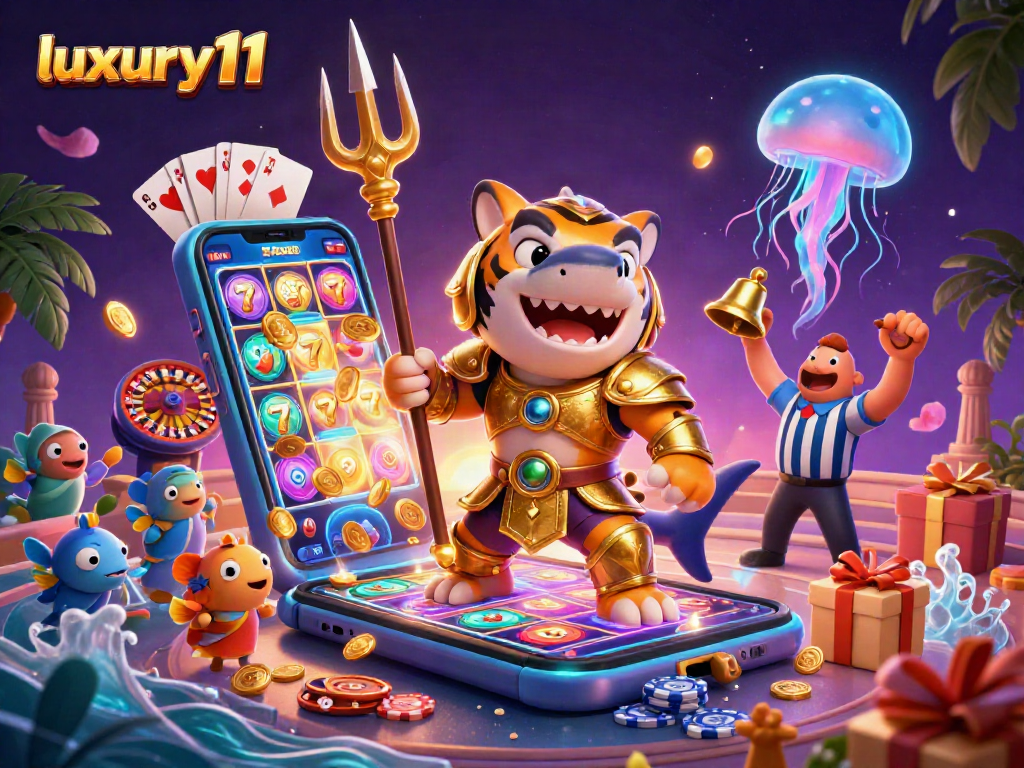 Experience thrilling gameplay with luxury111 in this vibrant underwater casino scene featuring a gladiator shark.