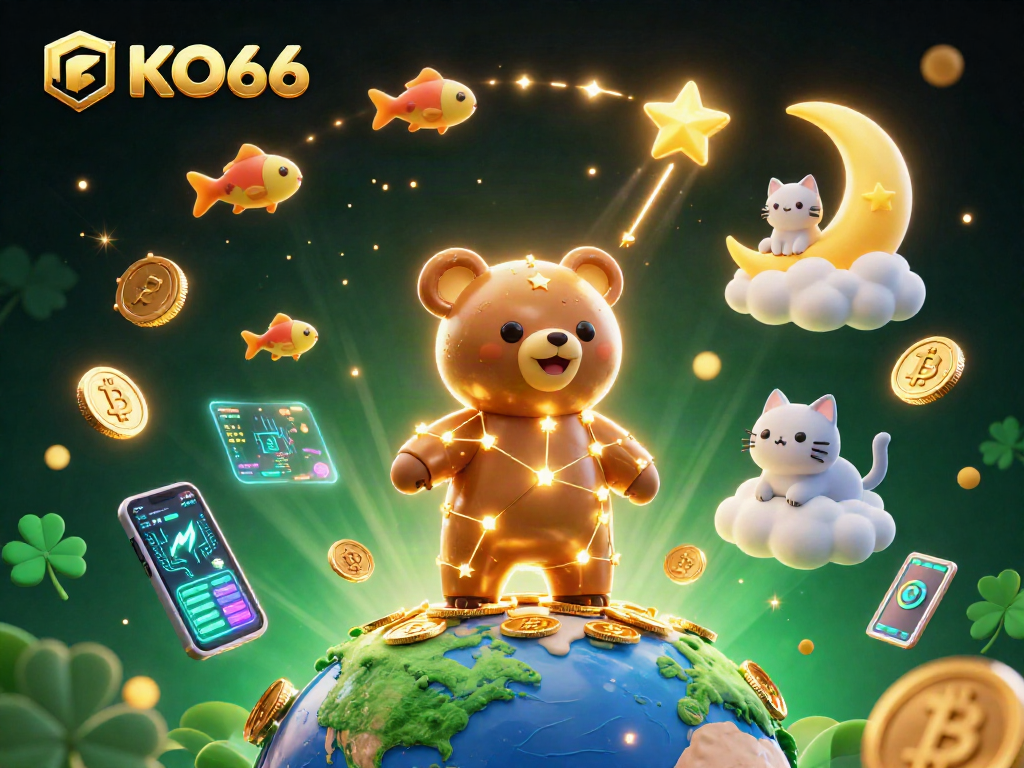 Engage in KO66 as a golden constellation bear scoops coins in a vibrant 3D casino scene.