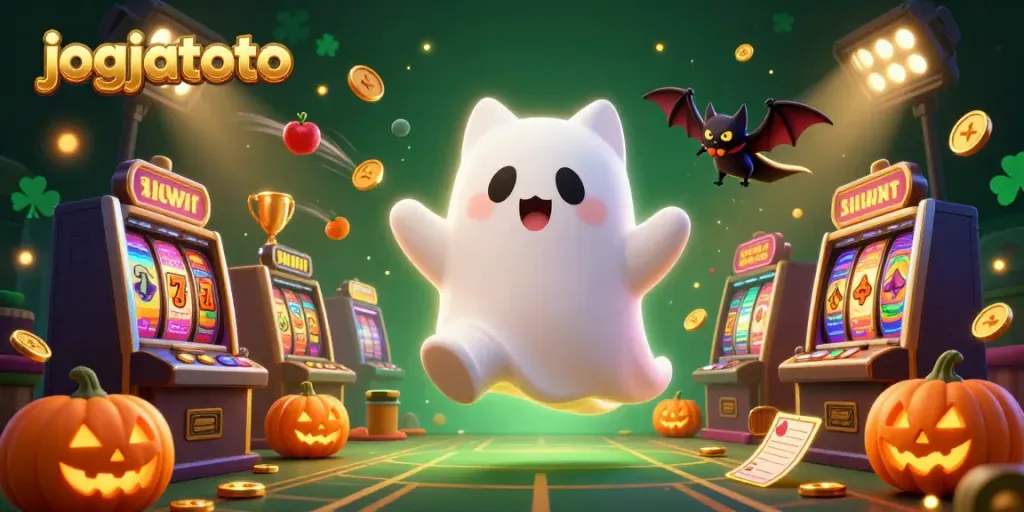 Experience the thrill of jogjatoto with animated gambling elements featuring a ghost cat and vampire bat.