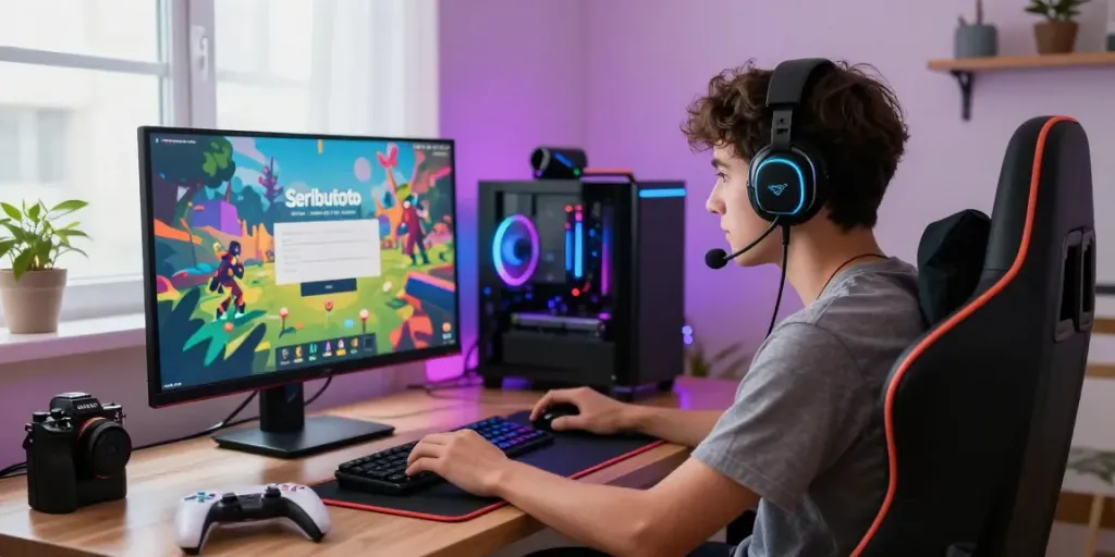 Gamer fokus pada tampilan Seributoto Login dengan suasana cerah dan penuh energi.