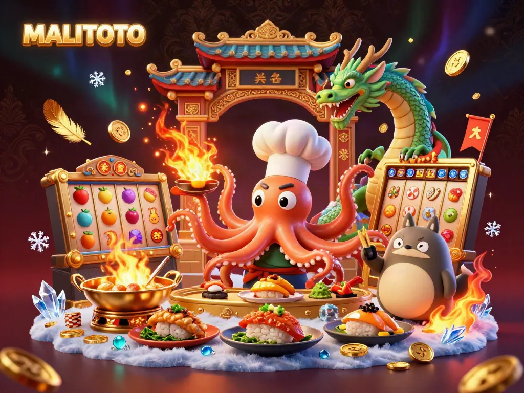 MALITOTO casino scene featuring a sushi chef octopus and dragon creating golden dishes, surrounded by slot reels and golden tokens.