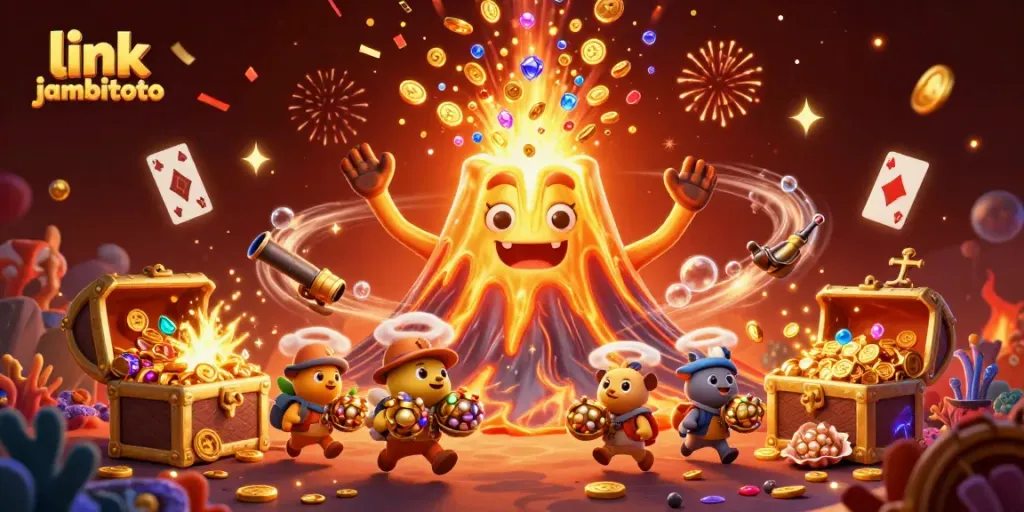 Experience winning thrills with link jambitoto, featuring a golden volcano erupting treasure in a vibrant casino scene.
