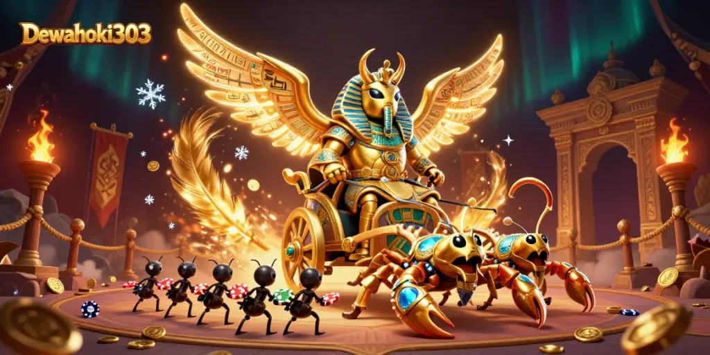 Dewahoki303 menghadirkan ilustrasi 3D kartun memukau dengan scarab emas raksasa, memberikan pengalaman bermain slot yang seru.