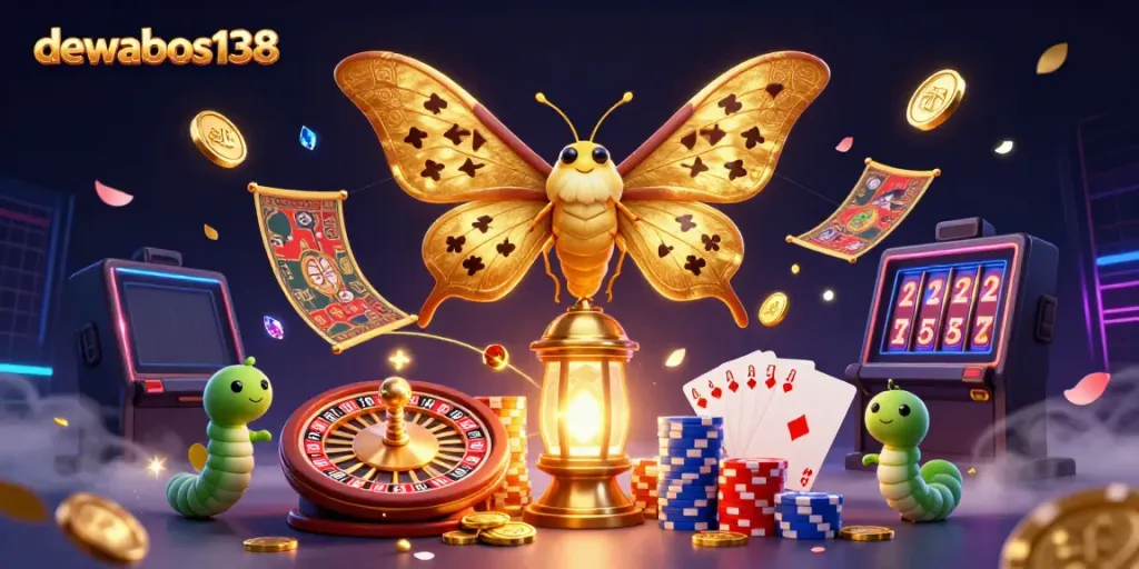 Menangkan jackpot dengan dewabos138, ilustrasi kasino 3D yang menampilkan kupu-kupu dan elemen permainan.