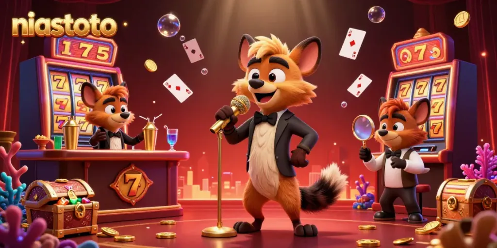 Experience thrilling fun at niastoto featuring a lively casino scene with hyena characters.
