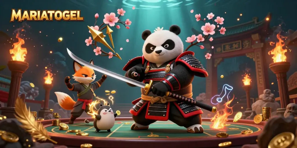 Engage with MARIATOGEL's thrilling gaming atmosphere featuring samurai panda and ninja fox in a dynamic setup.