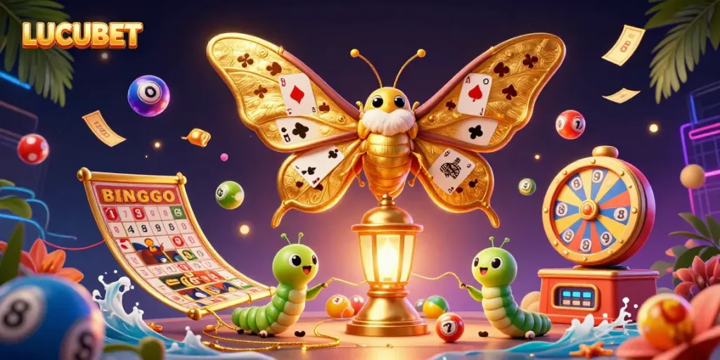 LUCUBET showcases a vibrant 3D illustration of a moth with golden wings displaying card suits, surrounded by dynamic gaming elements.
