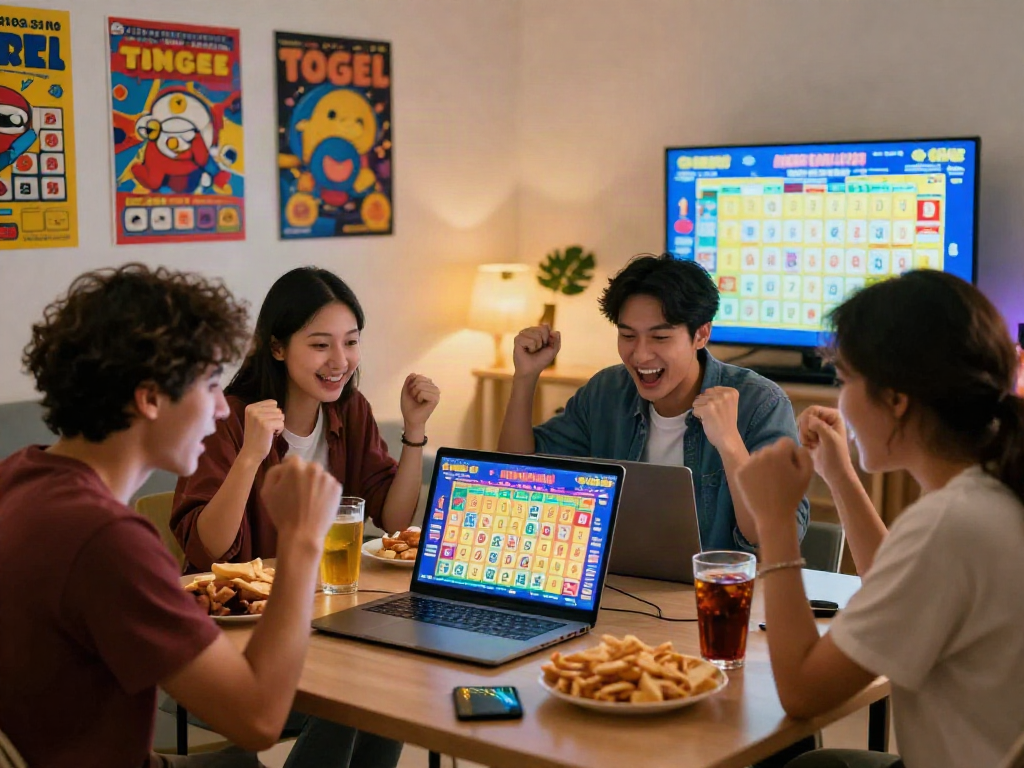 Kelompok teman merayakan togel online dengan laptop dan makanan ringan.