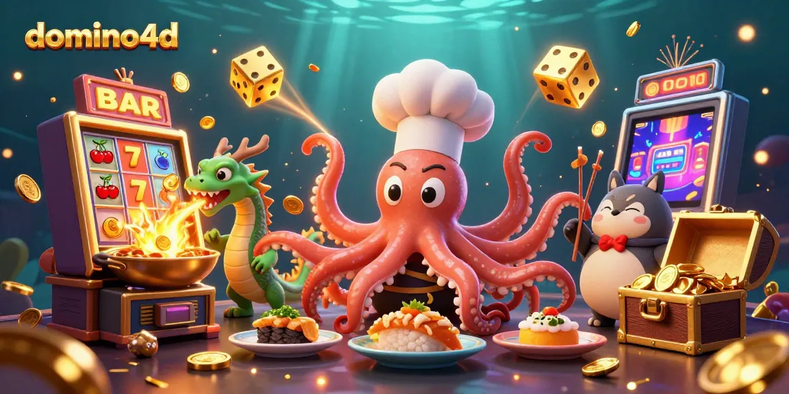 Bermain domino4d dengan chef sushi 3D dan naga hijau, dikelilingi mesin slot besar yang meledak koin mengkilat.