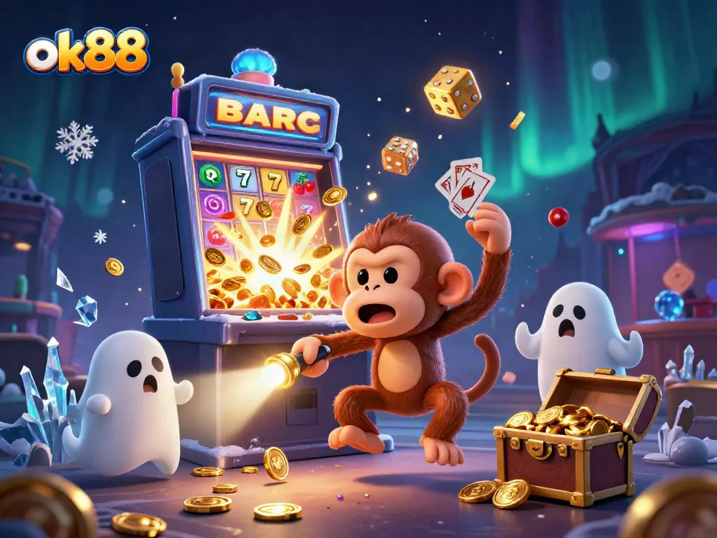 Experience thrilling gaming at ok88 with a lively poltergeist monkey and a ghost-hunter puppy in a haunted casino!