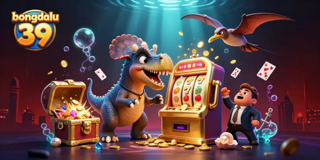 Bongdalu 39 celebrates victories as a dinosaur wins a jackpot with coins and a dynamic casino scene.