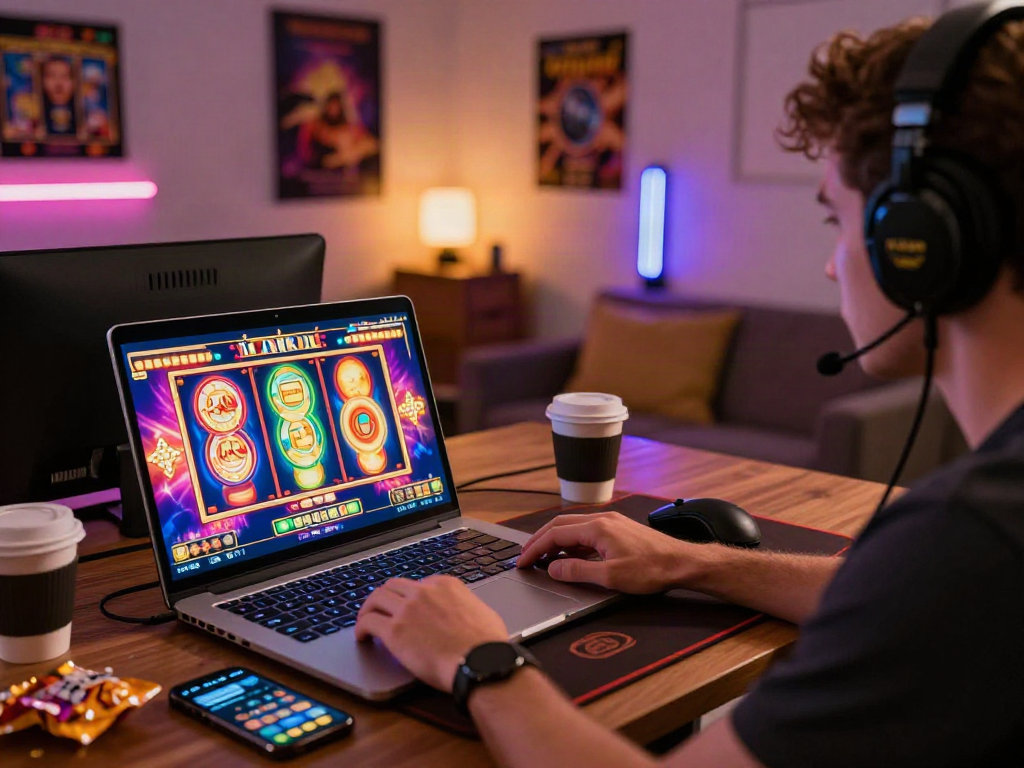 Seorang pemain serius menggunakan yumetoto link untuk bermain slot online dengan laptop dan aksesori gaming di meja.