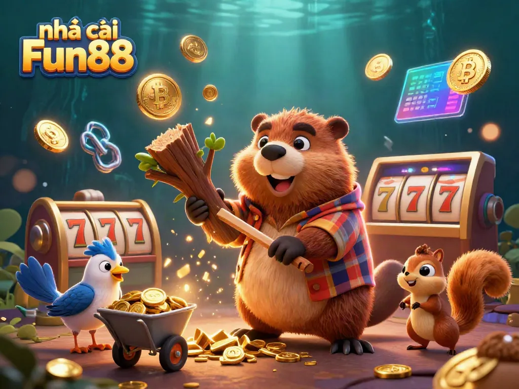 Play and win at nhà cái Fun88 with a vibrant casino-themed illustration highlighting slots and gold coins.