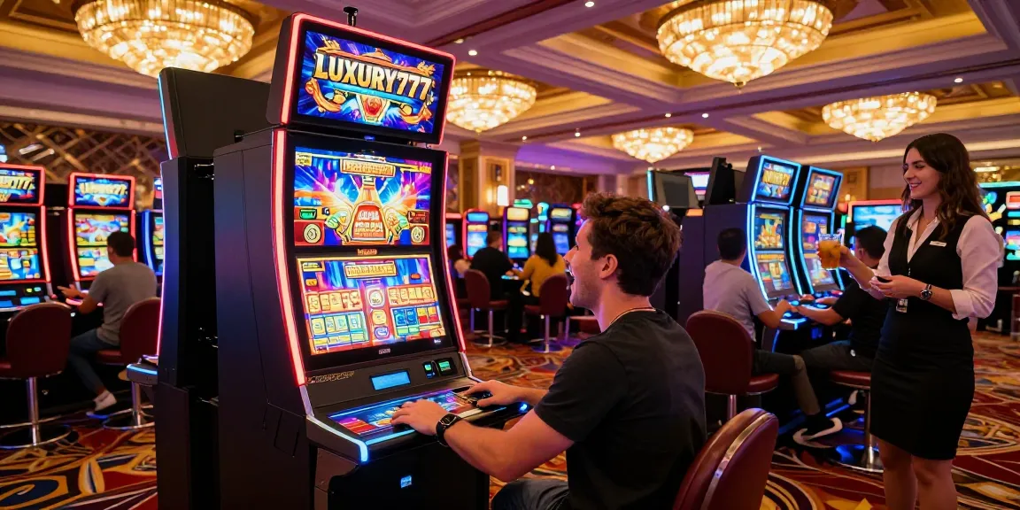 Pengguna bersemangat bermain mesin slot LUXURY777 di kasino mewah dengan dekorasi glamor.