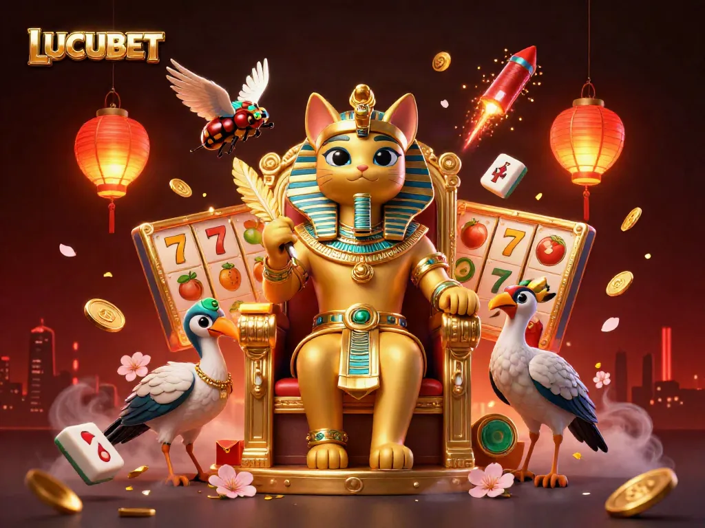 Experience thrilling spins with LUCUBET's vibrant slot games illustrated in a dynamic 3D scene.