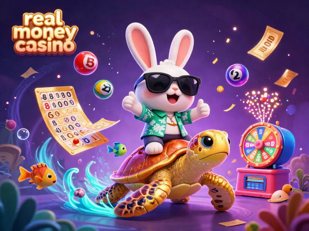 Engaging scene of real money casino games featuring a lucky rabbit and golden turtle with vibrant casino elements.