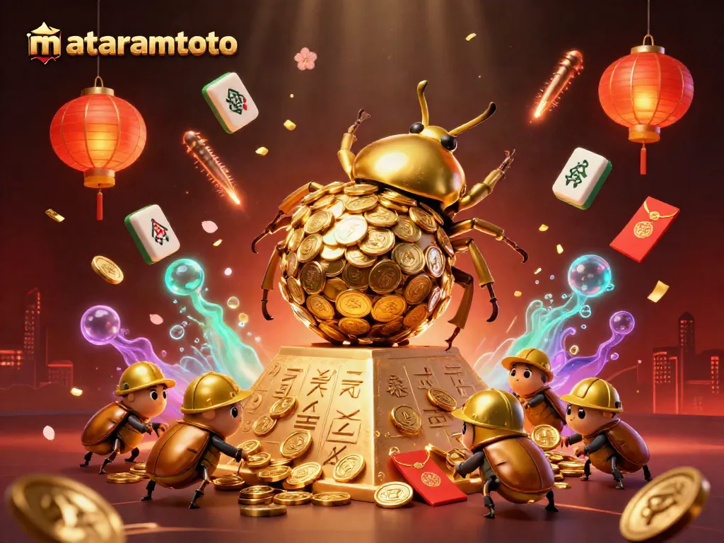 Engage with the exhilarating world of Mataramtoto as a golden beetle rolls coins surrounded by festive casino elements.