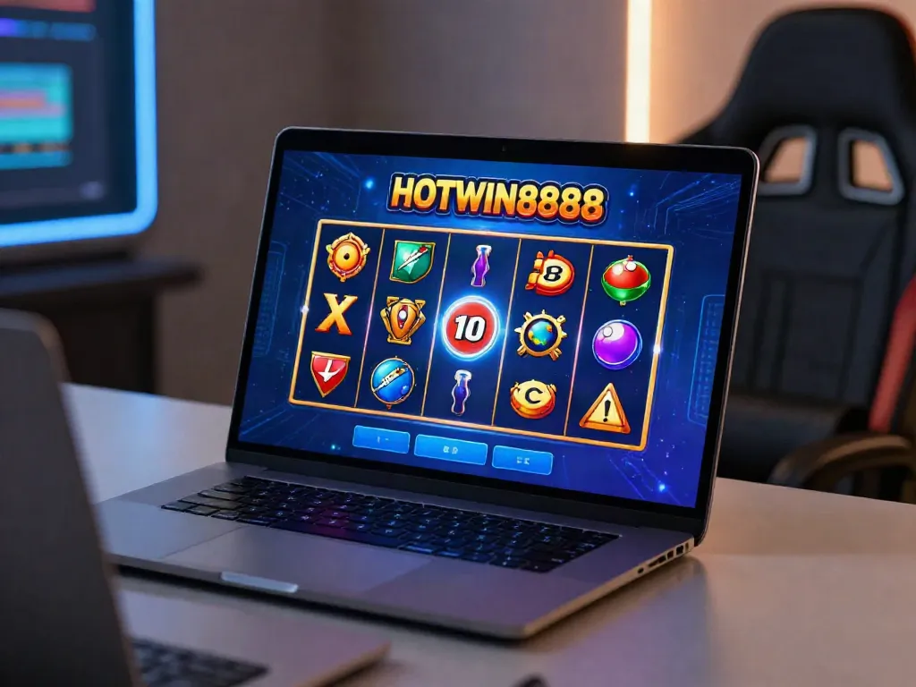 Menampilkan aplikasi slot88 HOTWIN88 di smartphone dengan simbol slot berwarna-warni dan suasana permainan yang seru.