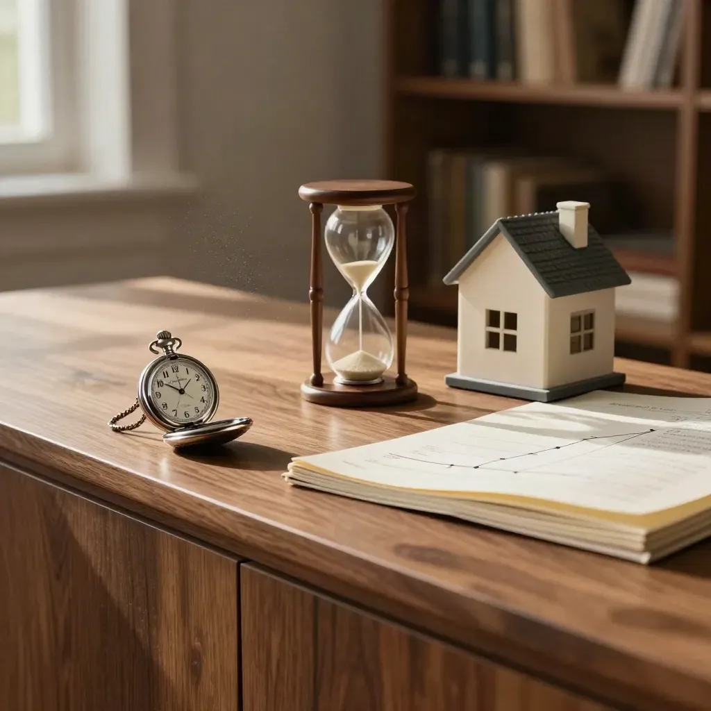 Jam saku, jam pasir hampir habis, dan model rumah kecil di atas credenza kayu untuk rencana pensiun.