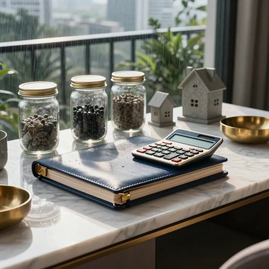Konsol keuangan di ruang tamu, folio kulit, kalkulator kuningan, toples tabungan, dan model rumah.