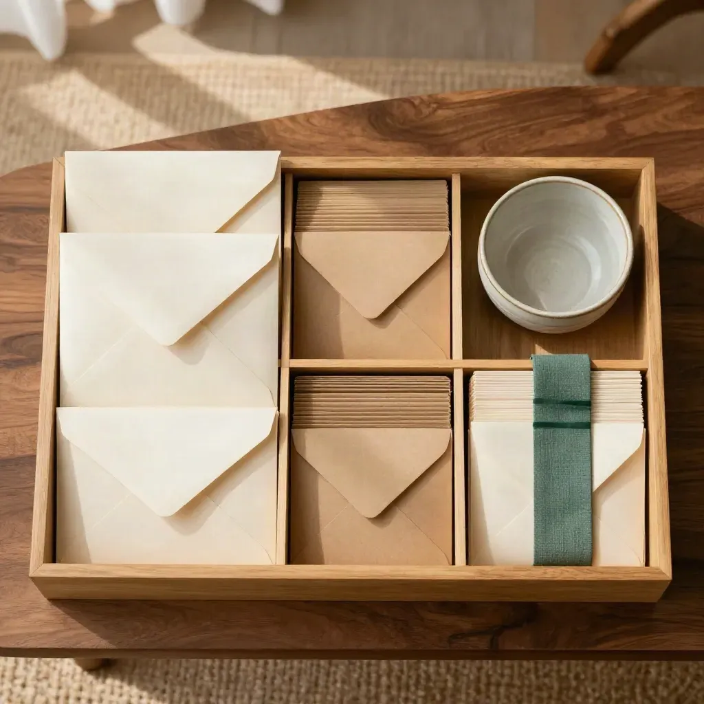 Flat lay anggaran bulanan dengan amplop, sorter kayu, dan mangkuk tabungan hijau.