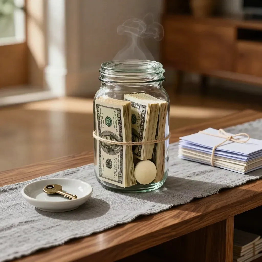 Jar dana darurat penuh, mangkuk kunci cadangan, dan tumpukan sleeve tabungan di interior hangat.