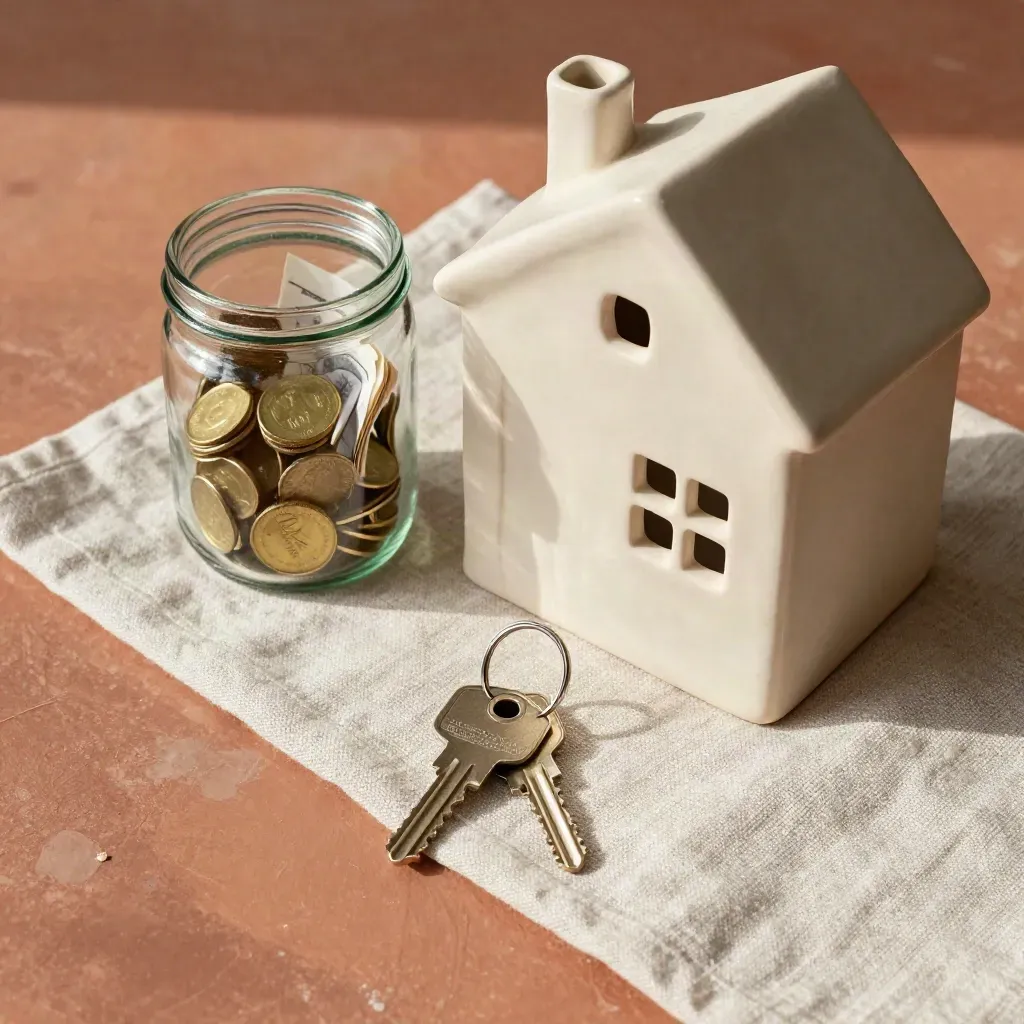Model rumah keramik, toples tabungan, dan kunci rumah di runner linen.