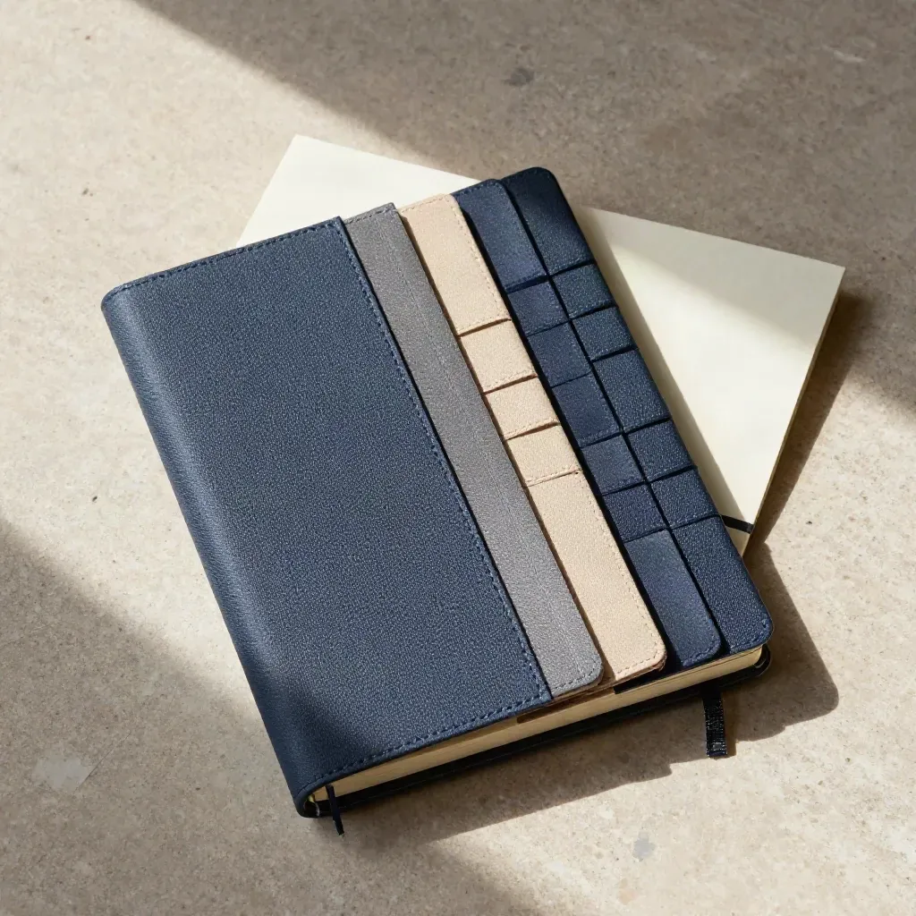 Flatlay planner mingguan, notebook tertutup, pita navy, dan kartu rencana di batu limestone.