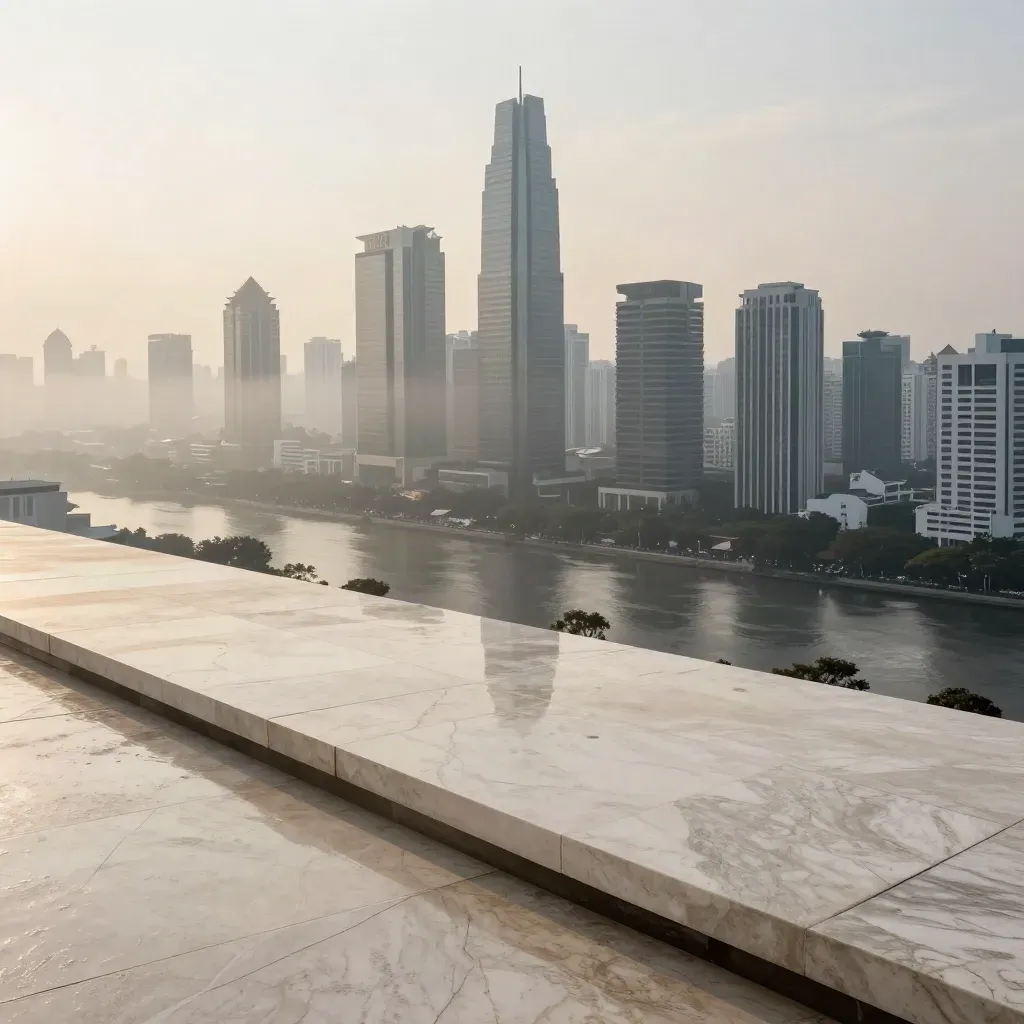 Langit Jakarta berkabut saat matahari terbit, gedung Sudirman di atas alur sungai.