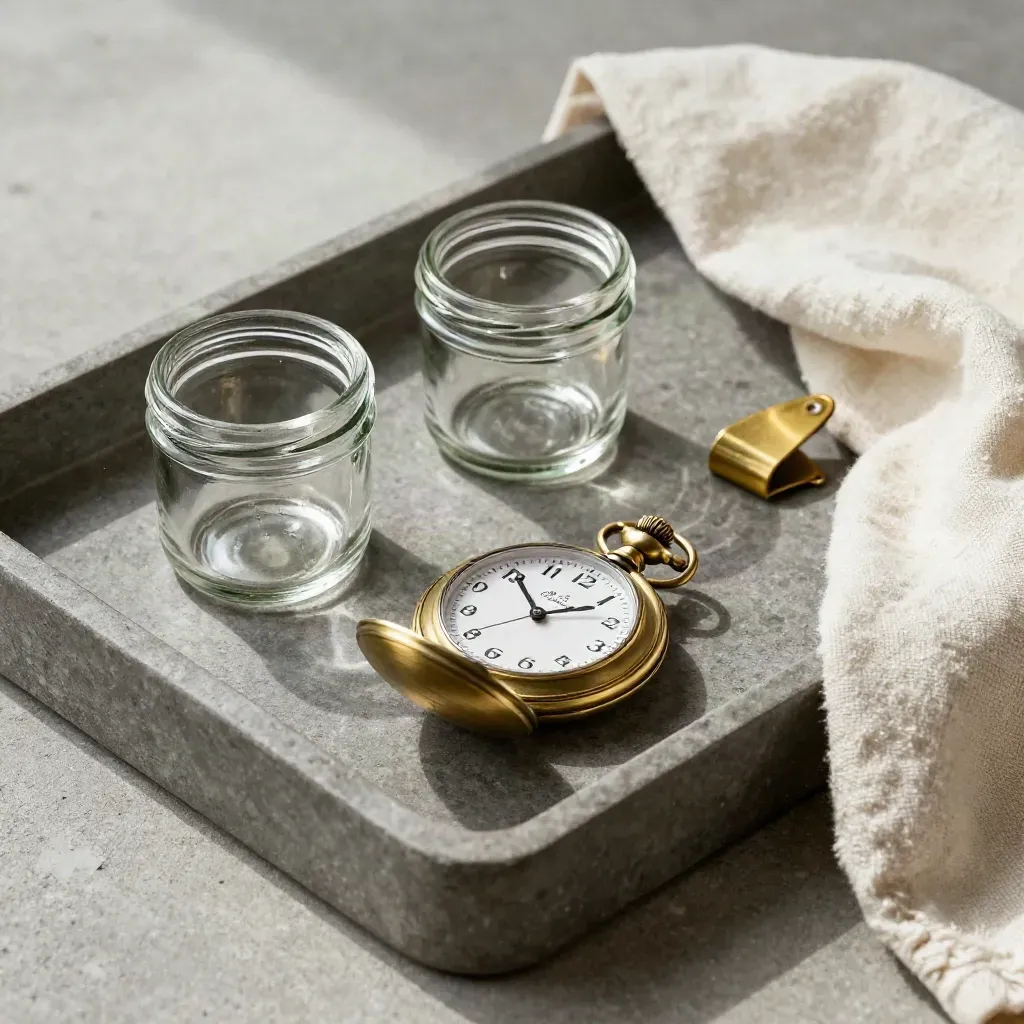 Tray review dengan dua jar, jam saku, dan pembagi kuningan di atas batu abu-abu.